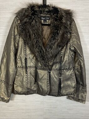 Vintage Regent Park Metallic Faux Fir Trim Toggle Button Jacket Quilted Lg Y2K
